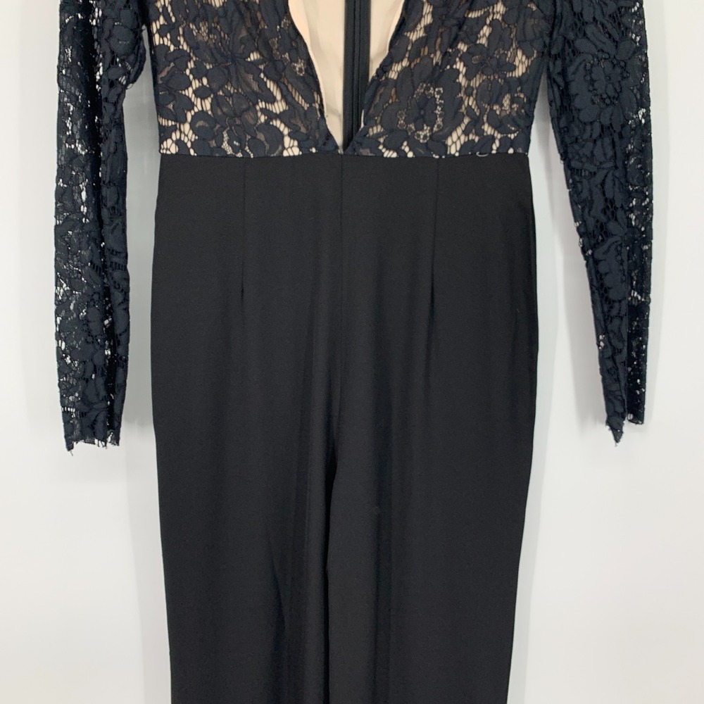 Missguided Jumpsuit Womens Size 2 Black Lace Plunge V Neck Long Sleeve Straight - Picture 6 of 13